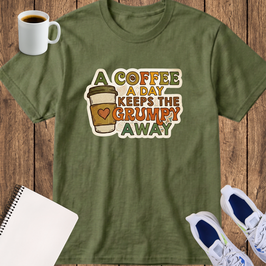 Coffee T-Shirt — “A Coffee A Day Keeps The Grumpy Away” Retro Coffee Lover Tee