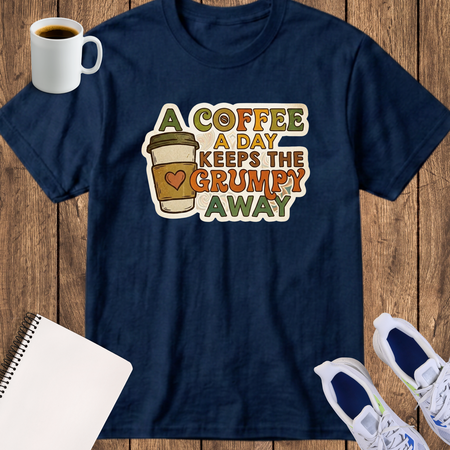 Coffee T-Shirt — “A Coffee A Day Keeps The Grumpy Away” Retro Coffee Lover Tee