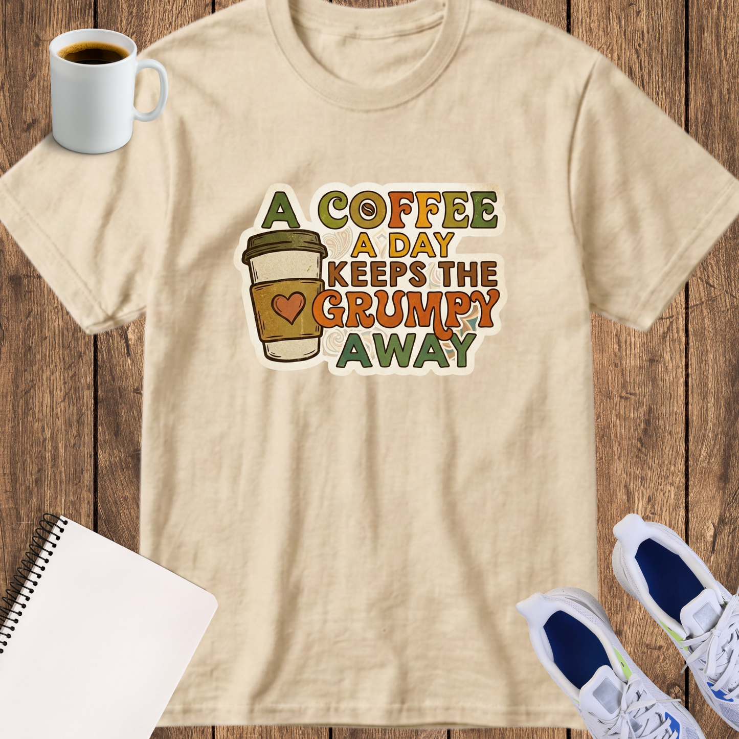 Coffee T-Shirt — “A Coffee A Day Keeps The Grumpy Away” Retro Coffee Lover Tee