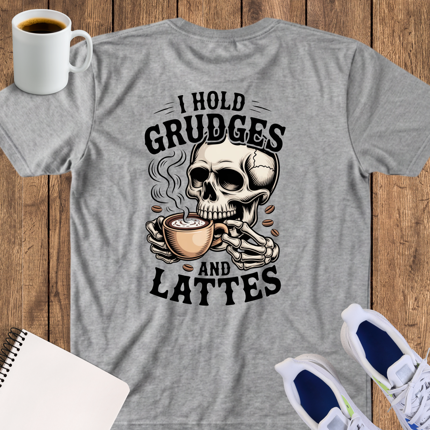 Skull "I Hold Grudges and Lattes" T-Shirt — Funny Coffee Lover Tee