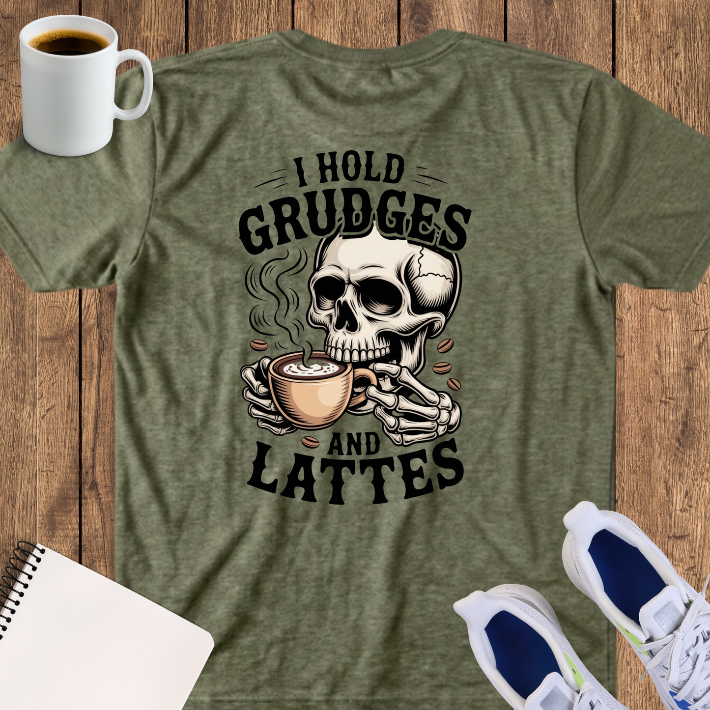 Skull "I Hold Grudges and Lattes" T-Shirt — Funny Coffee Lover Tee