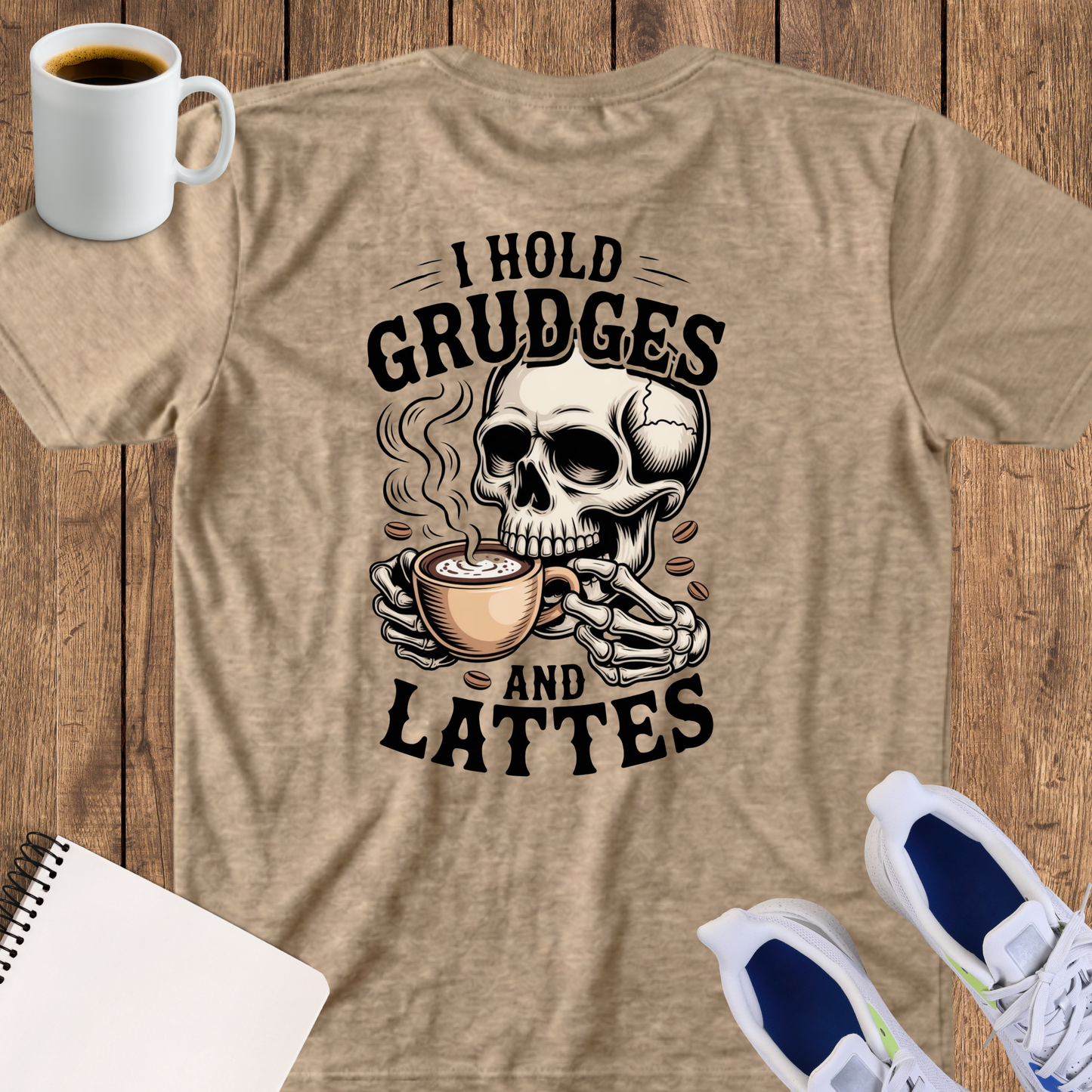 Skull "I Hold Grudges and Lattes" T-Shirt — Funny Coffee Lover Tee