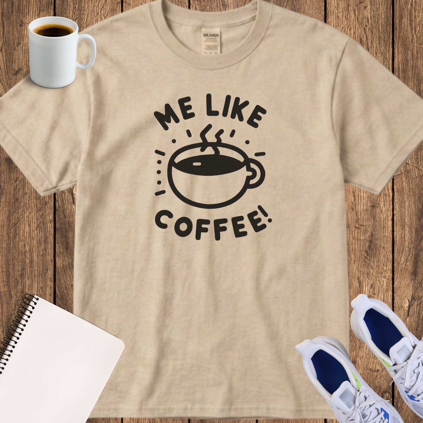 Coffee T-Shirt — "Me Like Coffee" Cute Minimalist Coffee Cup Tee