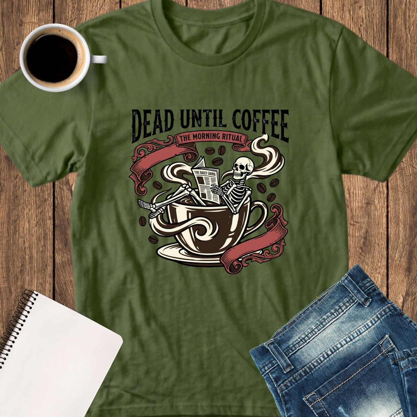 Dead Until Coffee T-Shirt — Funny Skeleton Coffee Lover Tee